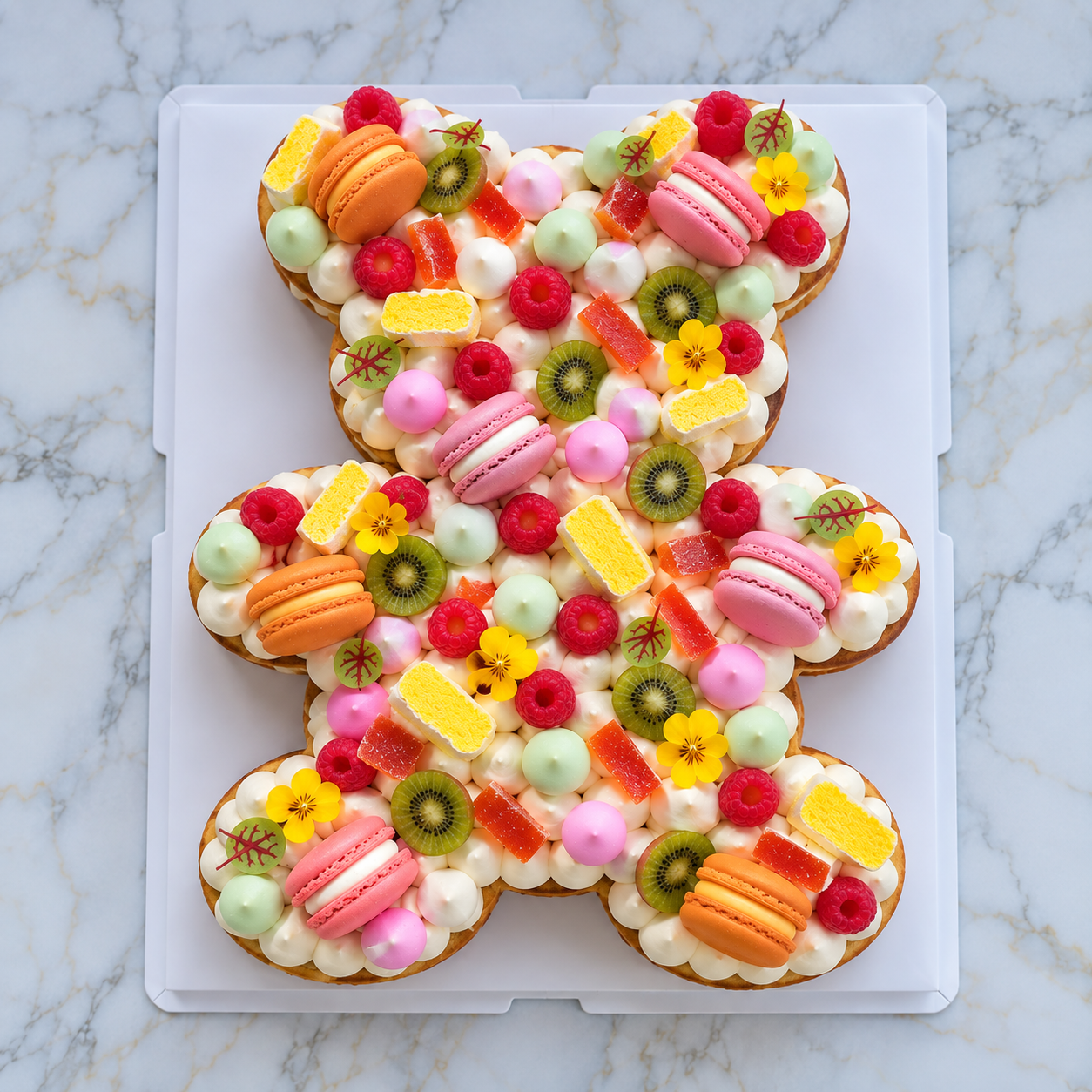 Gâteau ourson personnalisé décoré de macarons, fruits et gourmandises