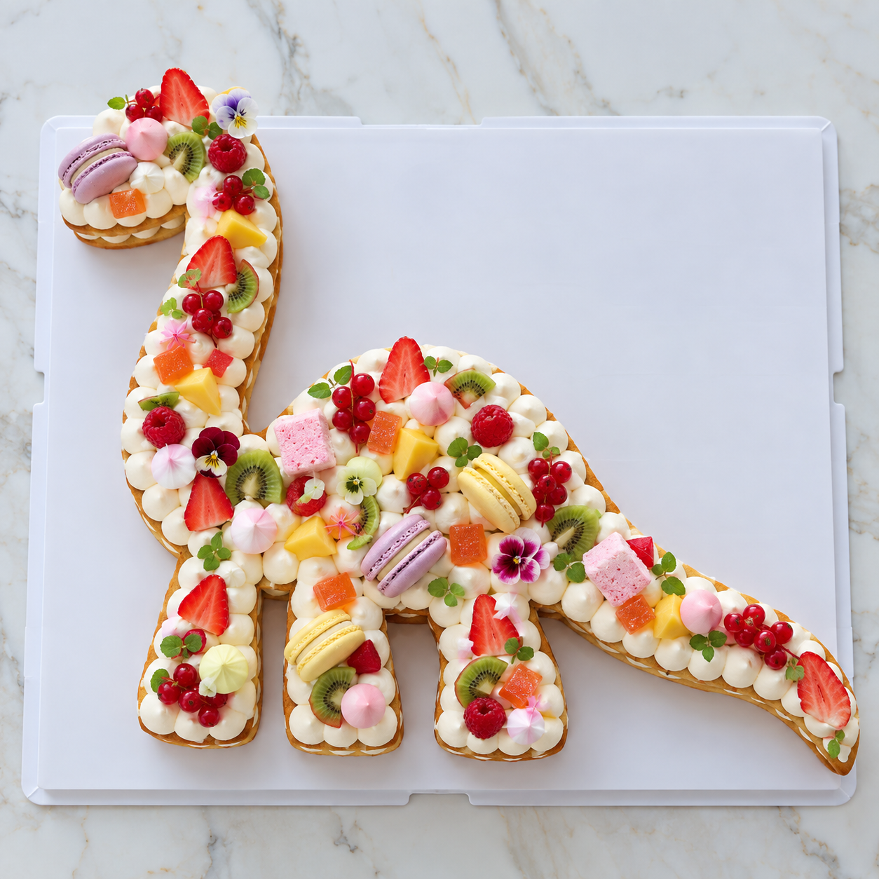 Gâteau en forme de dinosaure décoré de crème et de gourmandises