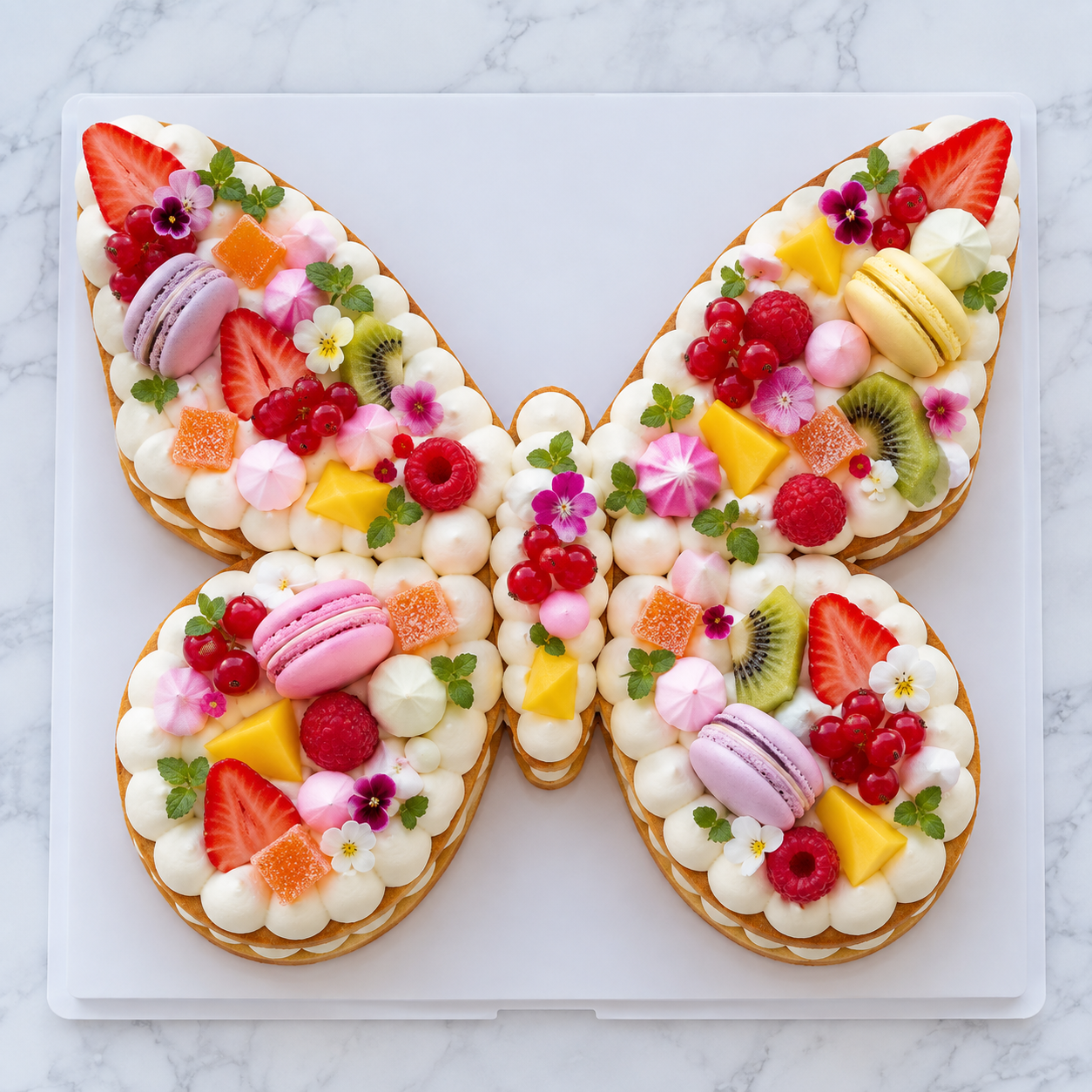 Gâteau en forme de papillon décoré de crème et de gourmandises