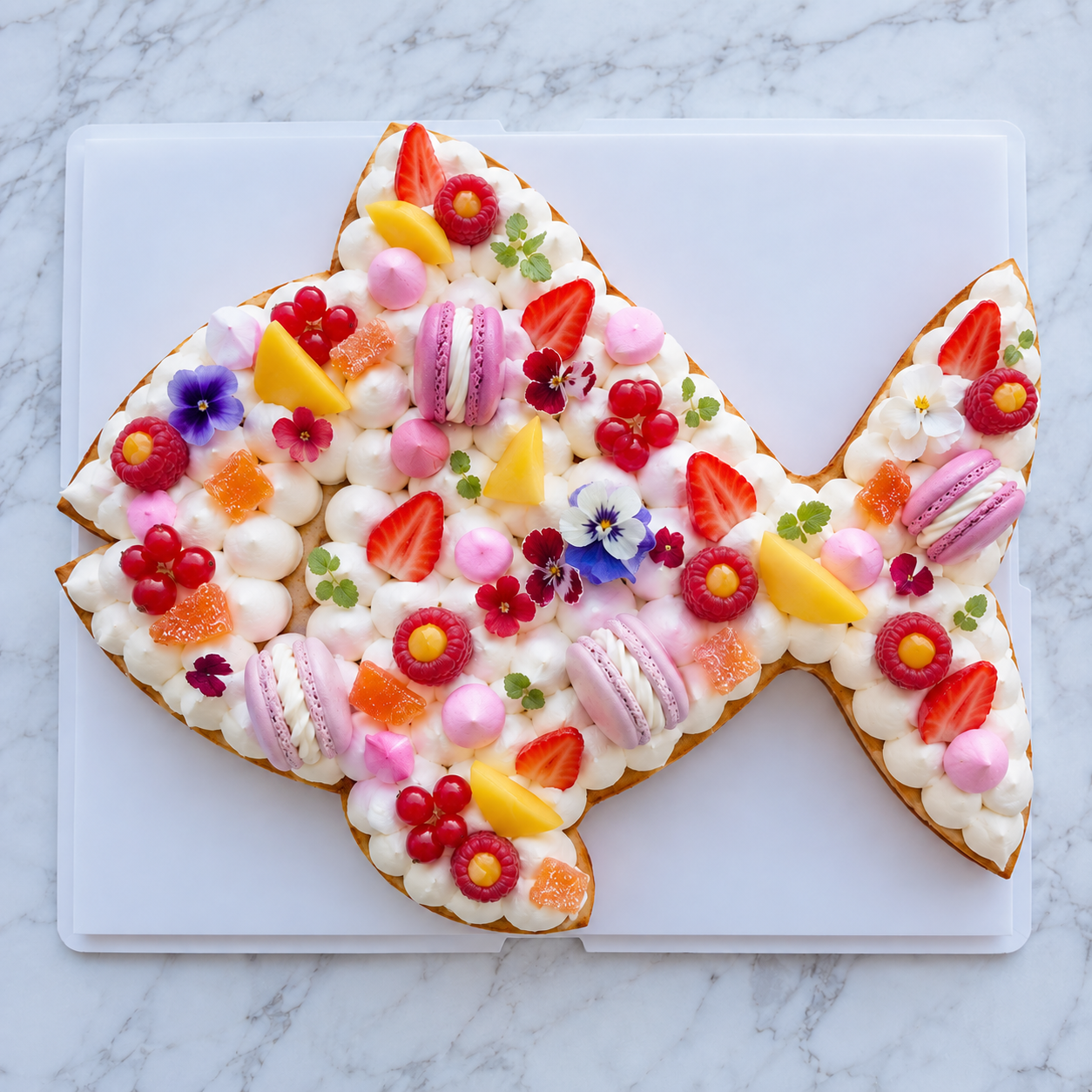 Gâteau en forme de poisson décoré de crème et de gourmandises