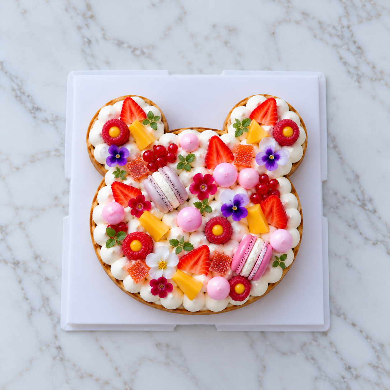 Gâteau en forme de tête d’ourson décoré de crème et de gourmandises