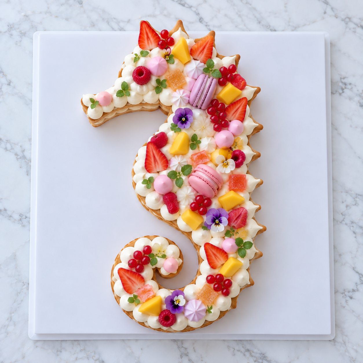 Gâteau en forme d’hippocampe décoré de crème et de gourmandises