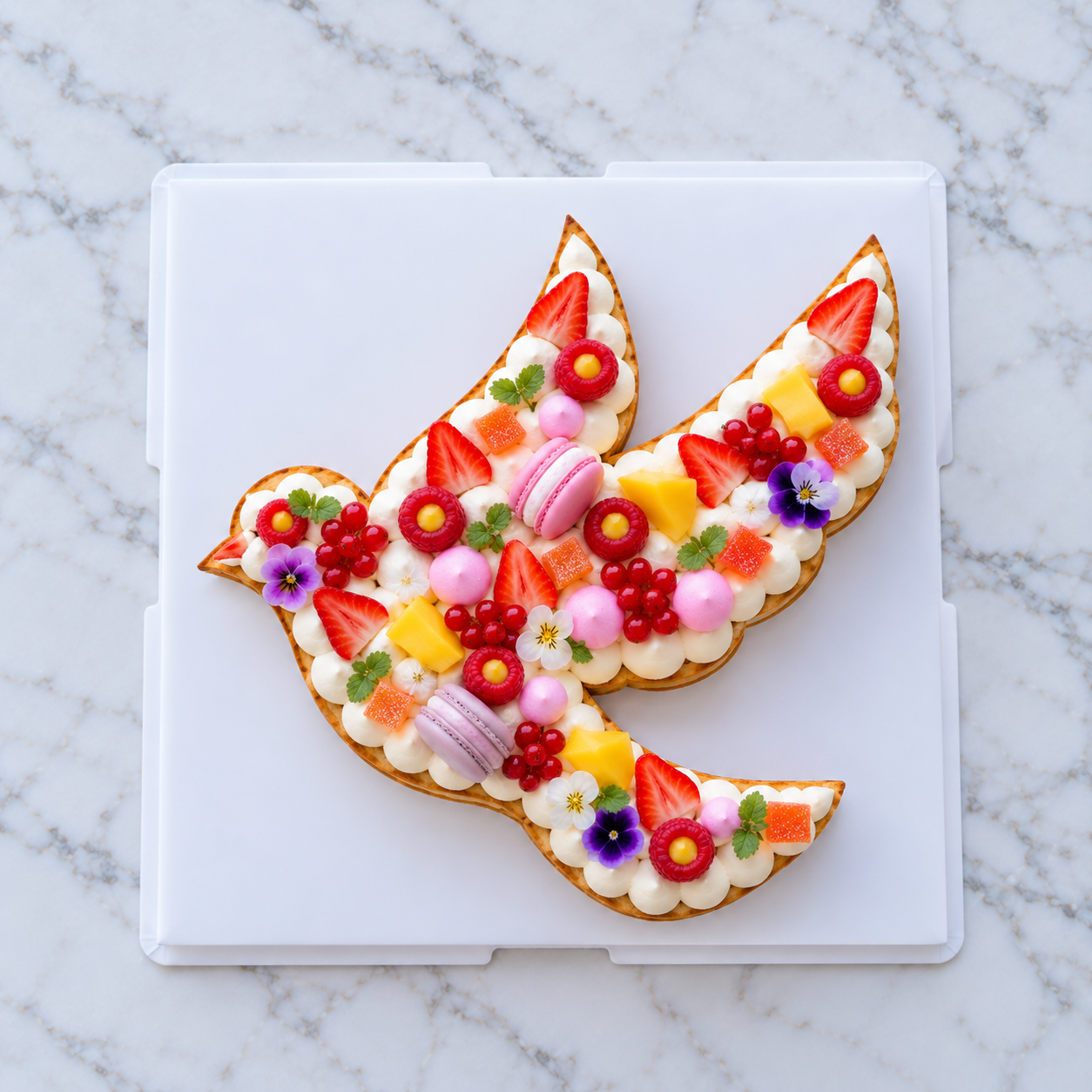 Gâteau en forme de colombe décoré de crème et de fleurs