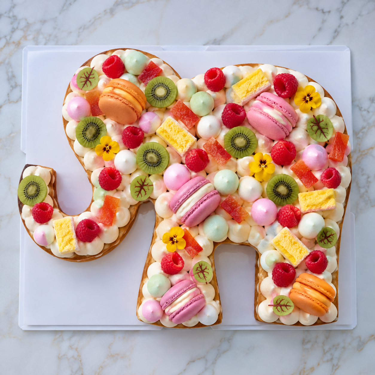 Gâteau en forme d’éléphant décoré de crème et de gourmandises