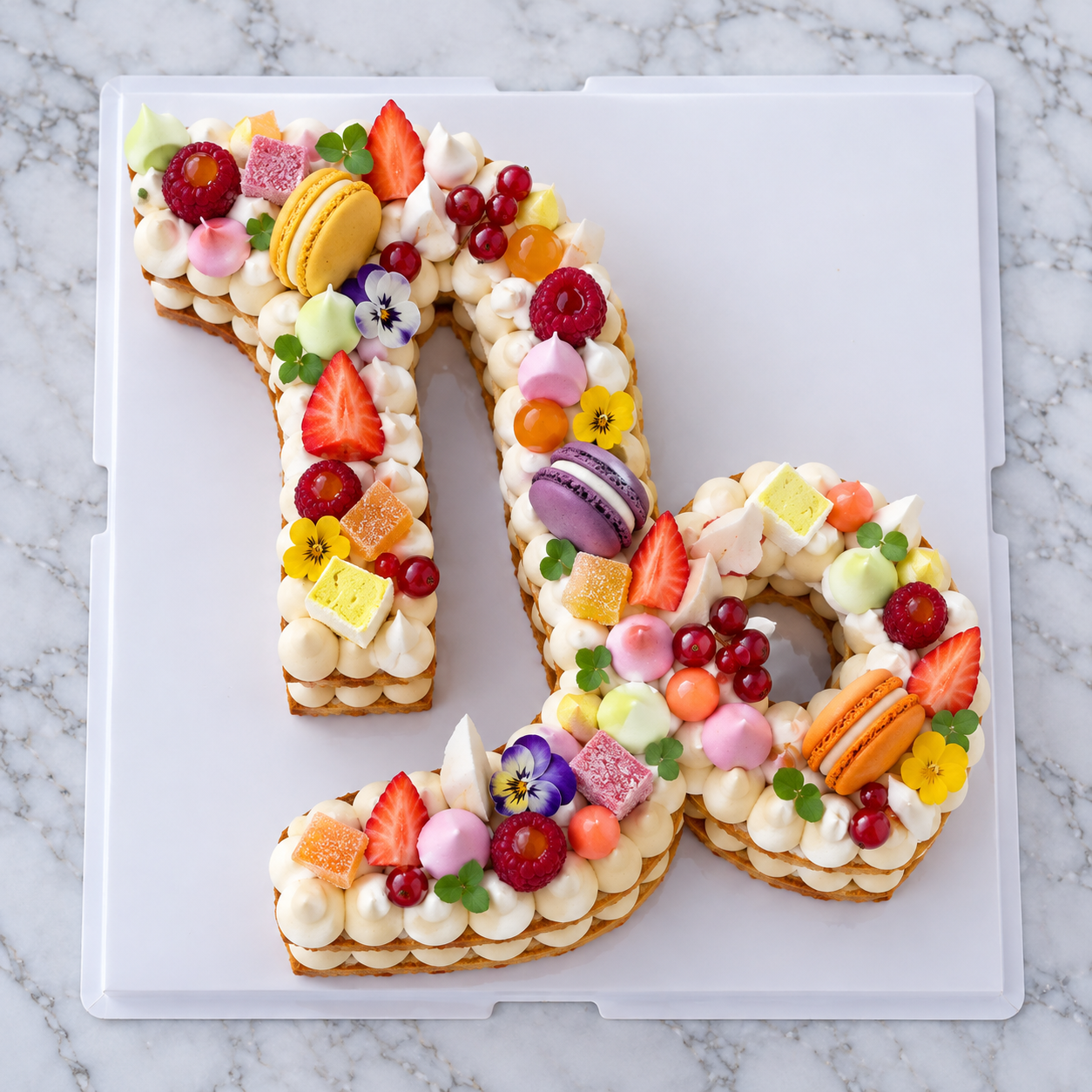 Gâteau en forme de signe astrologique Capricorne décoré de crème et de gourmandises