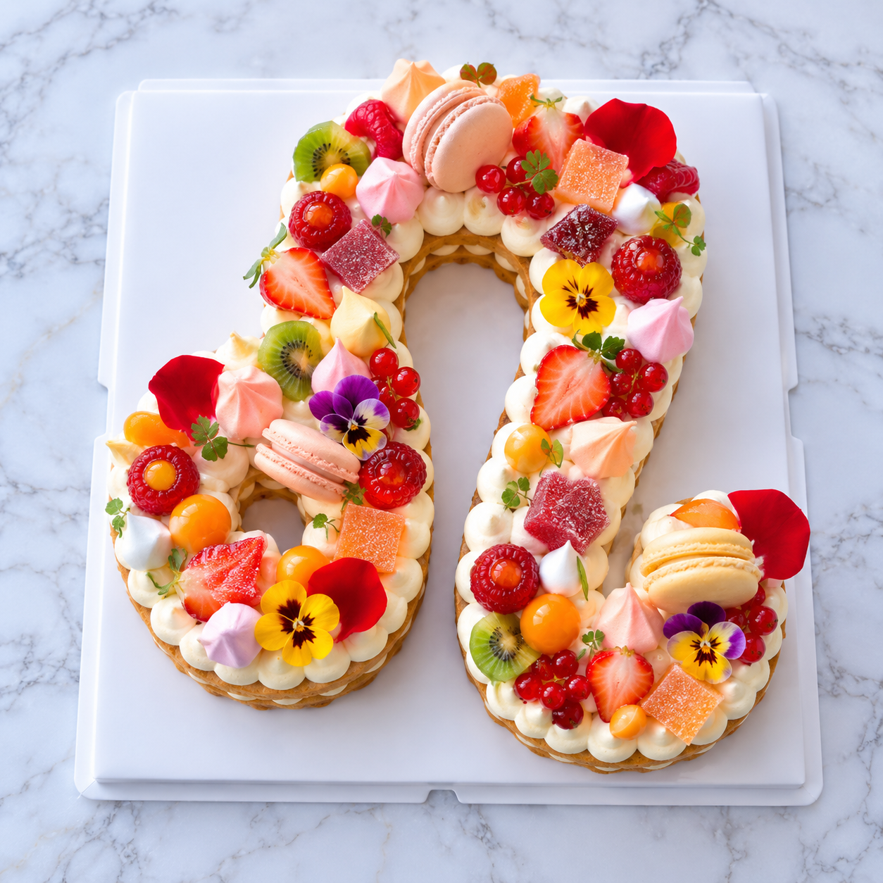 Gâteau en forme de signe astrologique Lion décoré de crème et de gourmandises
