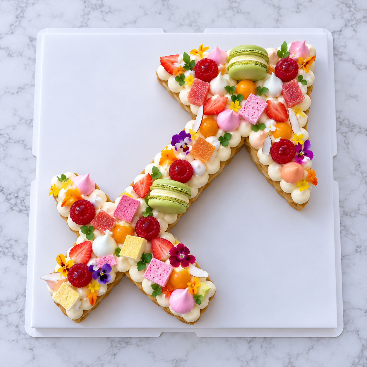 Gâteau en forme de signe astrologique Sagittaire décoré de crème et de gourmandises