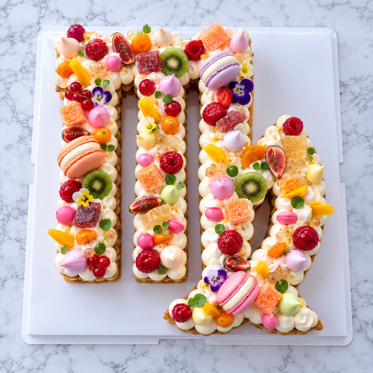 Gâteau en forme de signe astrologique Vierge décoré de crème et de gourmandises