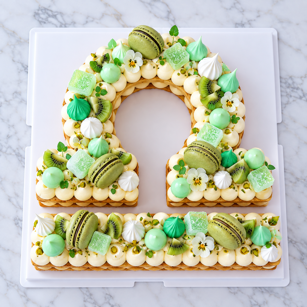 Gâteau en forme de signe astrologique Balance décoré de crème et de gourmandises