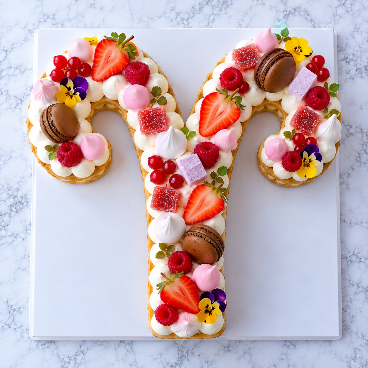 Gâteau en forme de signe astrologique bélier décoré de crème et de gourmandises