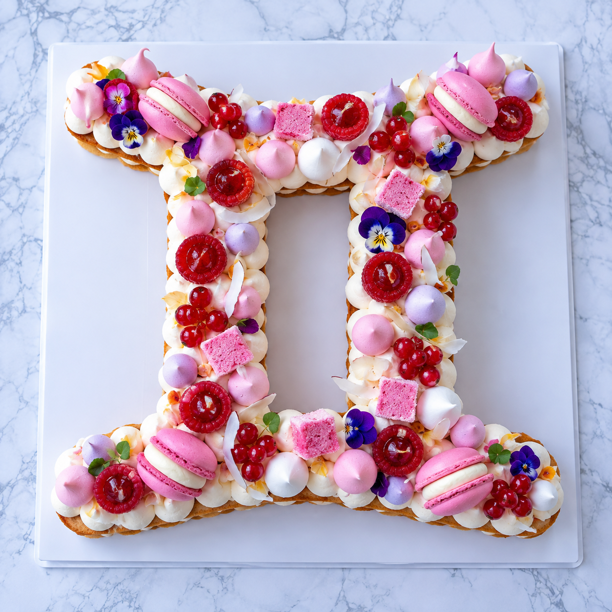 Gâteau en forme de signe astrologique gémeaux décoré de crème et de gourmandises